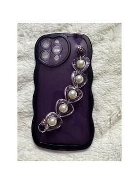 Purple Phone Case with Pearl Heart Charm Strap for iPhone 13 Pro Max